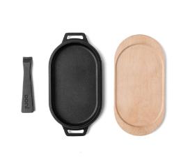 Chapa de Ferro Fundido com Base de Madeira Sizzler