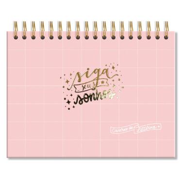 Caderno de Lettering Folhas Pretas Rosa Quadriculado Fina Ideia