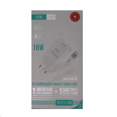 Kit Carregador Tomada Turbo 1 USB + Cabo de Dados Tipo C FAM