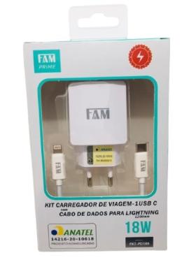 Kit Carregador Tomada + Cabo de Dados Lightning FAM