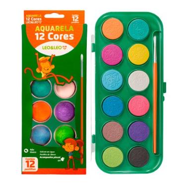 AQUARELA COM 12 CORES EM PASTILHA + PINCEL - LEO E LEO