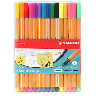 Caneta Hidrogr�fica Point 88 0,4 Stabilo C/15cores (5 Neon)