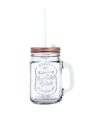 Copo de Vidro Retr� com Tampa e Canudo Bronze