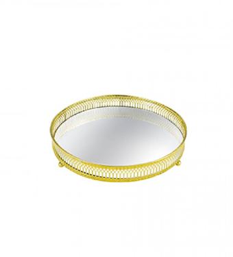 Bandeja Dourada de Metal Redonda com Espelho para Decora��o