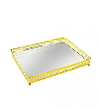 Bandeja Retangular de Metal Dourada com Espelho para Decora��o