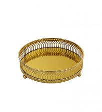 Bandeja Redonda Espelhada de Metal Dourada para Decora��o