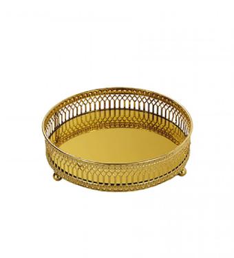 Bandeja Redonda Espelhada de Metal Dourada para Decora��o