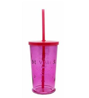 Copo de Vidro Rosa com Canudo Summer 500ml