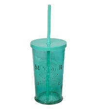 Copo de Vidro Azul com Canudo Summer 500ml