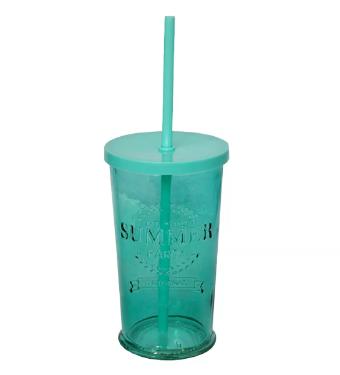 Copo de Vidro Azul com Canudo Summer 500ml