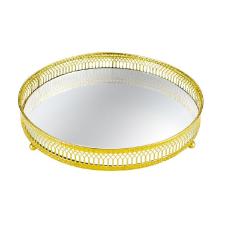 Bandeja Redonda Dourada em Metal com Espelho 24,5 cm