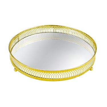 Bandeja Redonda Dourada em Metal com Espelho 24,5 cm