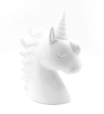 Enfeite Grande em Cer�mica Unic�rnio Branco com Chifre de Led