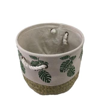 Cesto Grande de Rattan e Tecido Folhas da Craw