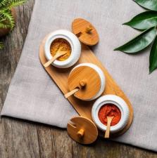 Porta Temperos 03 Potes com Tampa e Colher de Bambu