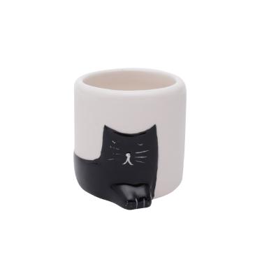 Vaso de C�ramica Chilliung Branco Gato Preto