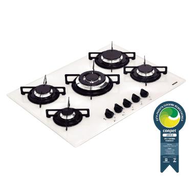 Cooktop a G�s Tramontina Glass 70cm 5 bocas com 1 Tripla Chama Bivolt Vidro Branco
