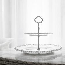 Prato para doce duplo em cristal Wolff Pearl 32x24cm com borda de bolinhas elegantes para servir doces