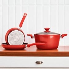 Jogo de panelas Brinox Optima vermelho 5 pe�as em alum�nio: Versatilidade, design e fundo para Indu��o