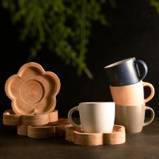 Jogo canecas com pires de madeira Woodart 4 pe�as azul