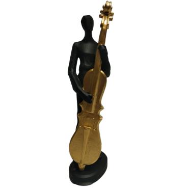 Estatueta de resina Elby M�sico com violoncelo 35cm preto e dourado