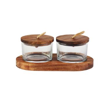 Jogo de 2 petisqueiras com tampa e suporte em madeira L'hermitage Wooden 120ml 3 pe�as