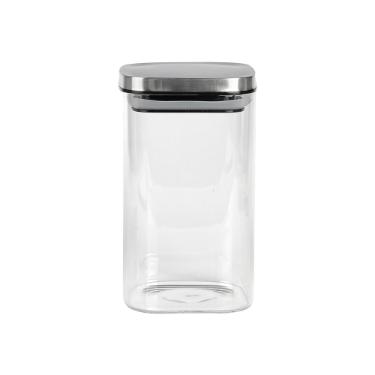 Porta mantimento quadrado em vidro com tampa prata 1,1 litro