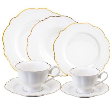 Jogo de jantar em porcelana Wolff Maldivas 42 pe�as filete ouro 18179