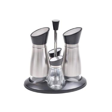 Galheteiro e saleiro Kenya em inox e vidro 4 pe�as