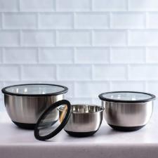 Jogo de bowls tigelas em inox com tampas pl�sticas Kenya P/M/G 3 pe�as