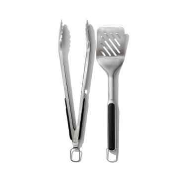 Jogo de pin�a e esp�tula para churrasco em Inox OXO 2 pe�as prata
