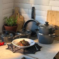 Jogo de panelas Brinox Optima 5 pe�as em alum�nio Stone: Versatilidade, design e fundo para Indu��o