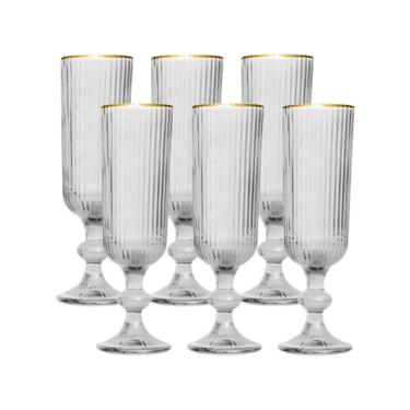 Jogo de ta�as champanhe em vidro borda dourada L'Hermitage Cameratta 160ml 6 pe�as incolor