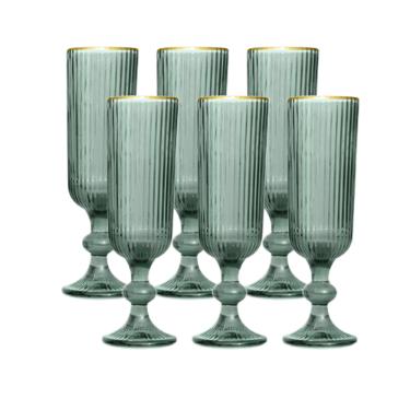 Jogo de ta�as champanhe em vidro borda dourada L'Hermitage Cameratta 160ml 6 pe�as verde