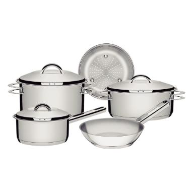 Jogo de Panelas em A�o Inox Tramontina Solar com Fundo Triplo e Tampas de Inox 5 Pe�as