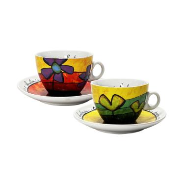 Jogo de x�caras capucciono com pires em porcelana Egan 250ml 2 pe�as amarela e vermelha