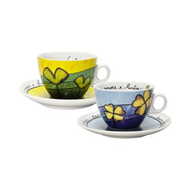 Jogo de x�caras capucciono com pires em porcelana Egan 90ml 2 pe�as amarela e azul