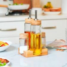 Galheteiro em vidro e suporte em bambu Kenya com 5 pe�as