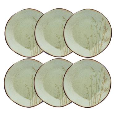 Jogo de 6 Pratos Rasos Oxford Ryo Bambu Marrom e Verde 27,5cm Porcelana