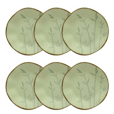 Jogo de 6 Pratos Fundos Oxford Ryo Bambu Marrom e Verde 22,5cm Porcelana