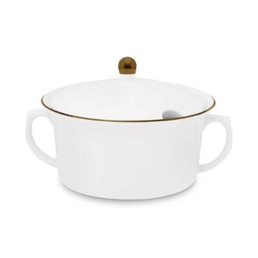 Sopeira de Porcelana Oxford Flamingo Sofia Branco e Dourado 2L com Tampa