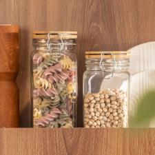 Pote Herm�tico Oxford Retr� Quadrado de Vidro com Tampa de Bambu 1,6L