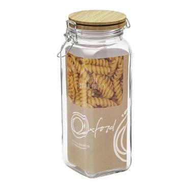 Pote Herm�tico Oxford Retr� Quadrado de Vidro com Tampa de Bambu 2L