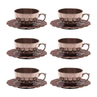 Jogo 6 X�caras Ch� Porcelana Oxford Flora Anis 220 Ml: Marrom Metalizado