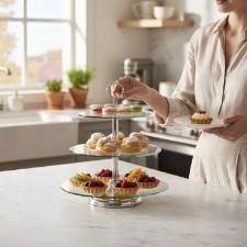 Fruteira Alta 3 andares St. James Pyramid - Banho de Prata e Vidro Temperado