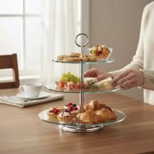 Fruteira Alta 3 andares St. James Pyramid - Banho de Prata e Vidro Temperado