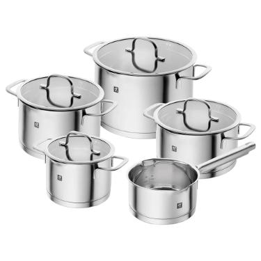 Jogo de Panelas em A�o Inox Zwilling Trueflow 5 Pe�as: Tampa de Vidro e Sistema de Escoamento