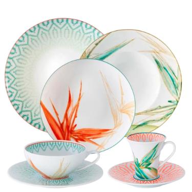 Aparelho de Jantar Ch� e Caf� Vista Alegre Fiji em Porcelana 42 Pe�as: O Luxo Tropical Completo para sua Mesa