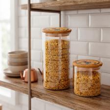 Pote em Vidro e Tampa em Bambu e Cer�mica Egan Cocoric� Amarelo 1L 10x17cm