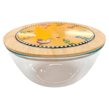 Saladeira em Vidro com Tampa em Bambu e Cer�mica Egan Cocoric� Amarela 2,5L 23x12cm